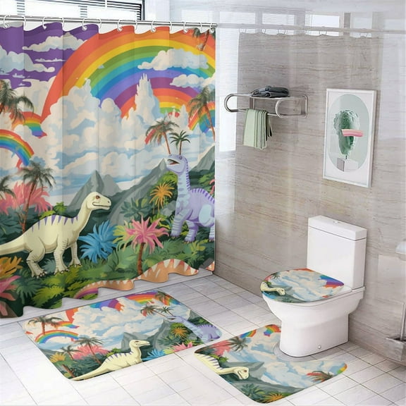 Dinosaur 4PCS Shower Curtain Sets with Rugs with Non-Slip Bath Mat Toilet Rug，72" X 72"