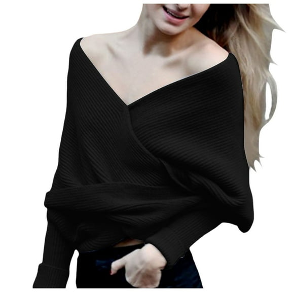 SUXIAN Women's Knitted Sweater with Scarf Design V Neck Off Shoulder Black One Size