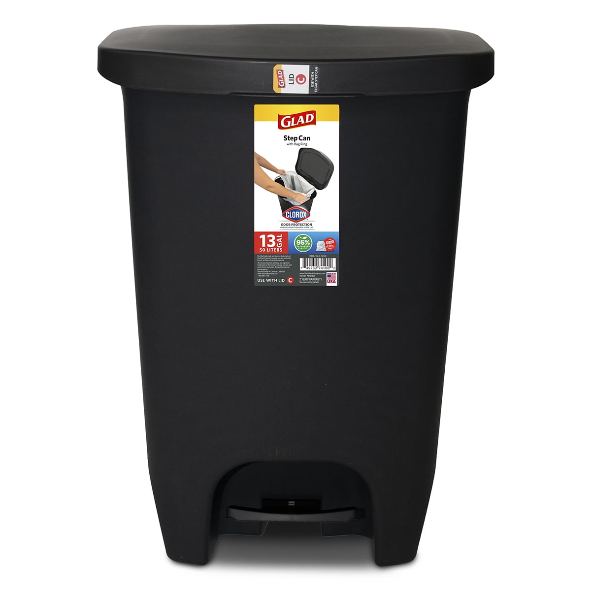 Glad Plastic Stepon Kitchen Trash Can, 13 gallon, with Clorox Odor Defense, Black