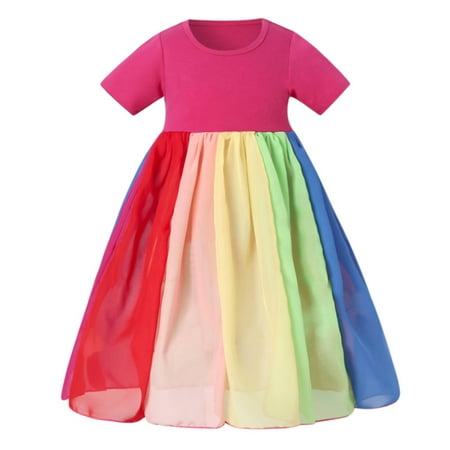 

DNDKILG Baby Toddler Girl Rainbow Dress Tulle Tutu Short Sleeve Dresses Summer Sundress Hot Pink 6M-6T 100