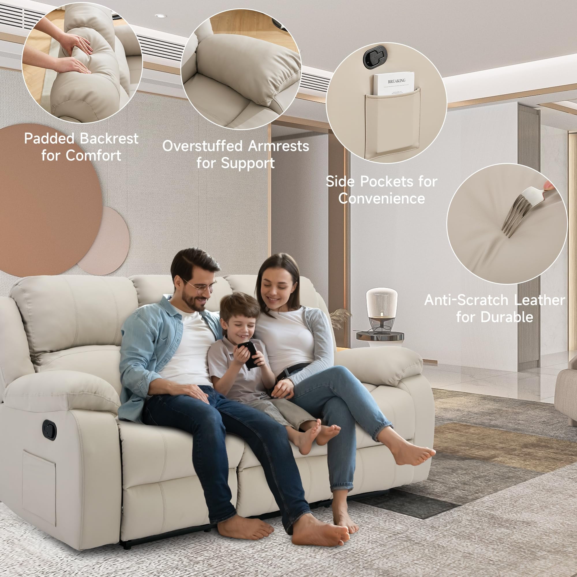 Comfortable Reclining Loveseat Sofa – Leather 3-Seater Recliner Couch for Living Room & Home Theater Seating (Beige)