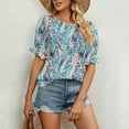 thumbnail image 2 of Mujer Cuello Redondo Manga Volantes Top Estampado Floral Camisa Suelta De Manga Corta Jersey Top Flor Verde XL, 2 of 8