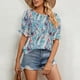 thumbnail image 2 of Mujer Cuello Redondo Manga Volantes Top Estampado Floral Camisa Suelta De Manga Corta Jersey Top Flor Verde XXL, 2 of 8