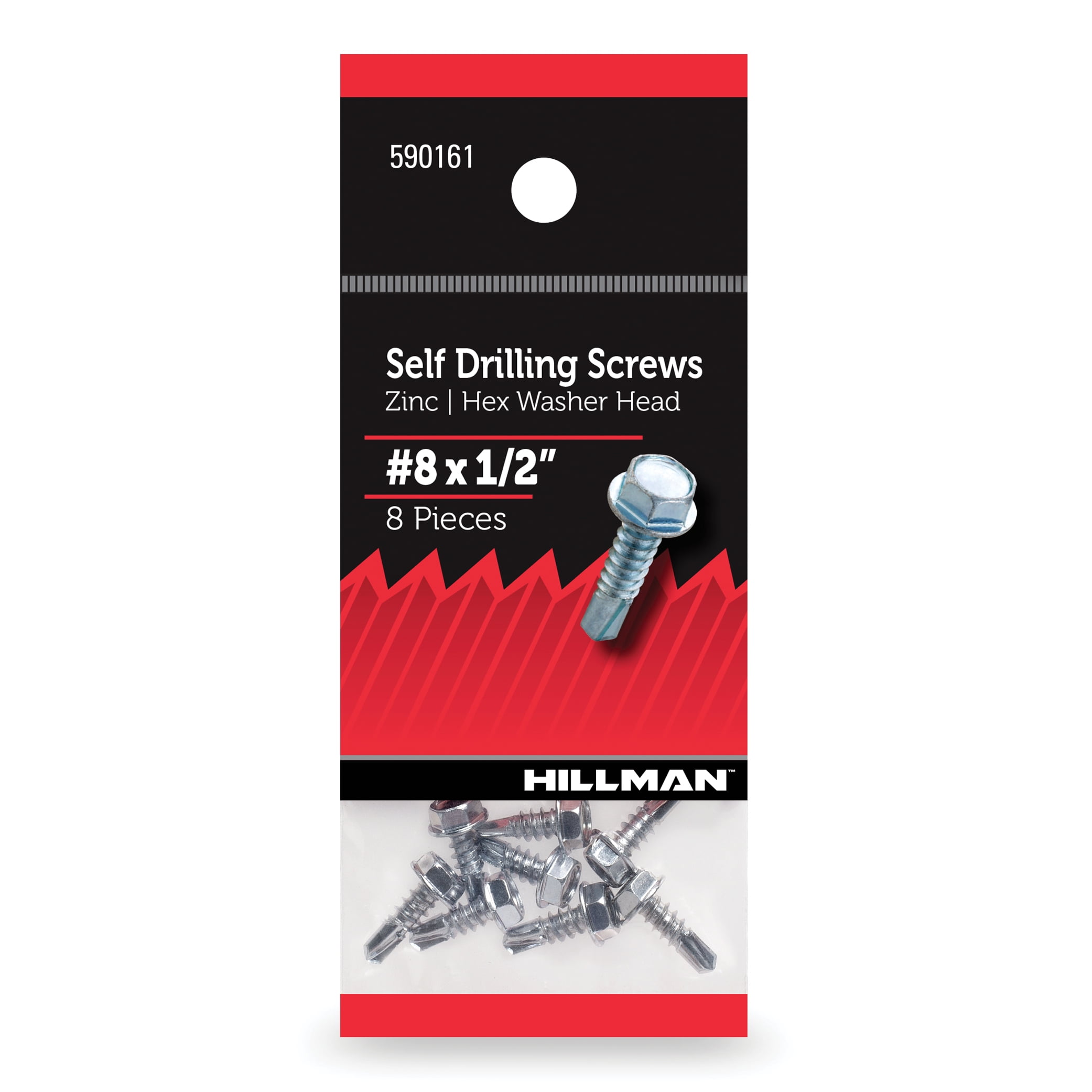 Hillman Self Drilling Screws, Hex Washer Head, #8 x 1/2", Zinc Plated, Steel, Pack of 8