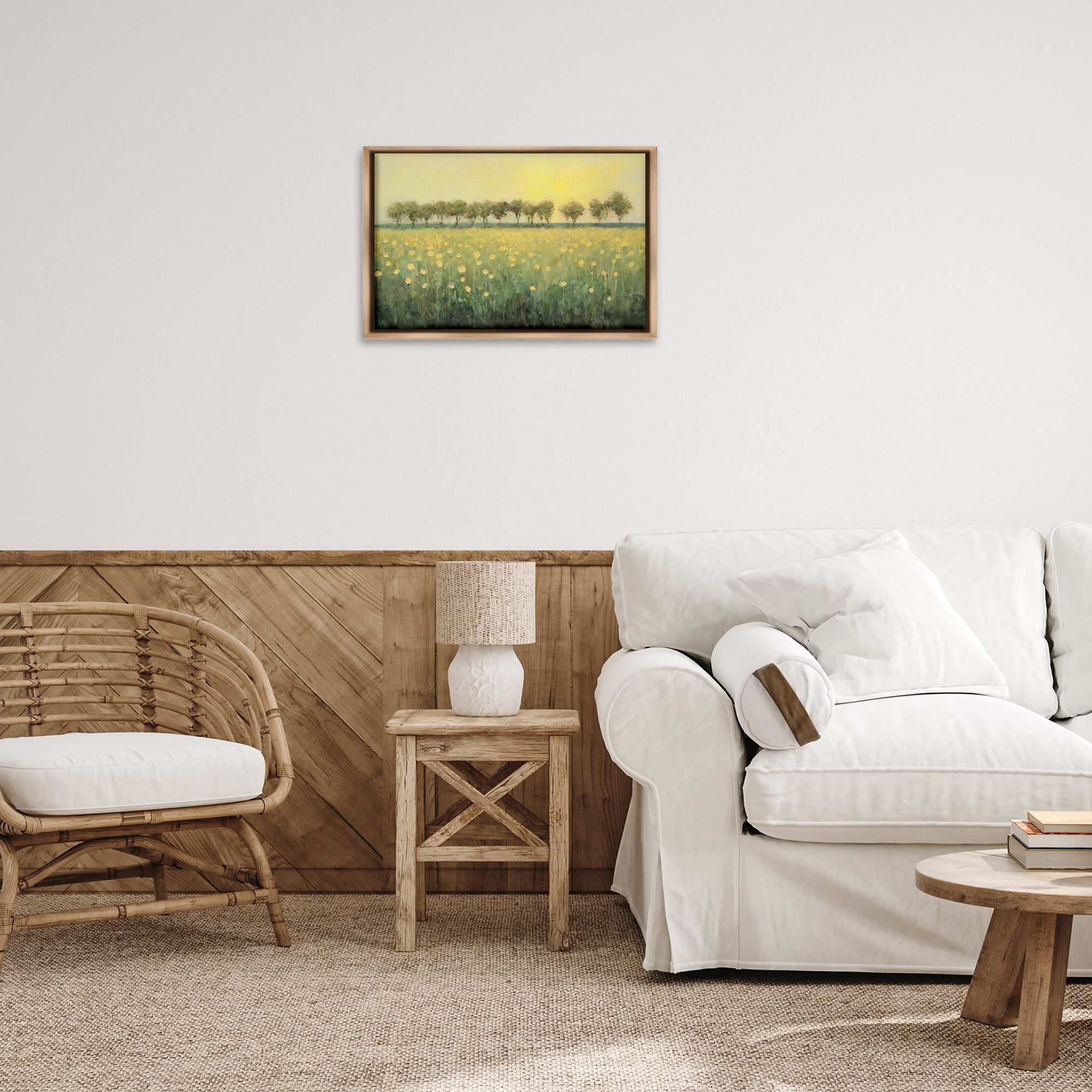 Stupell Industries Golden Field Meadow Landscape & Nature Painting Brown Floater Framed Canvas Art Print Wall Art, 25 x 17