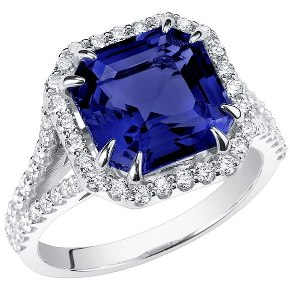 PEORA 14K White Gold Created Blue Sapphire and Lab Grown Diamond Ring for Women, 7.65 Carats Total, 10mm Square Emerald Cut, Size 8
