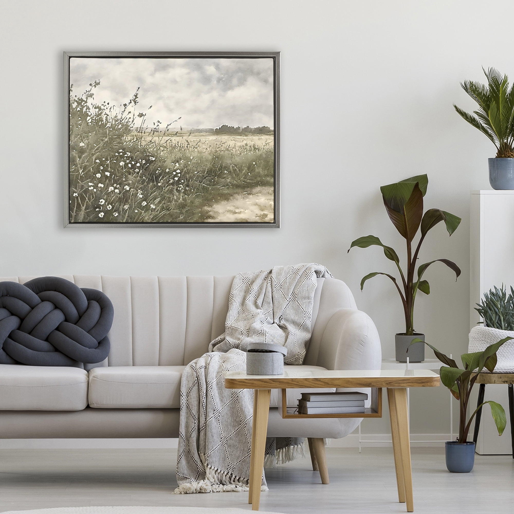 Stupell Industries Soft Meadow Landscape at Dusk Gray Framed Floater Canvas Wall Art, design by Riley B