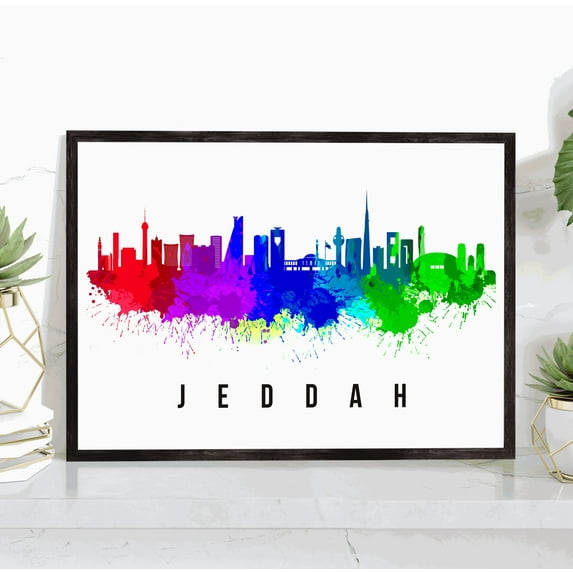 Pera Print Jeddah Skyline Saudi Arabia Poster, Jeddah Cityscape Painting, Jeddah Saudi Arabia Poster, Cityscape and Landmark Print, Home Wall Art, Office Wall Decor - 16x24 Inches