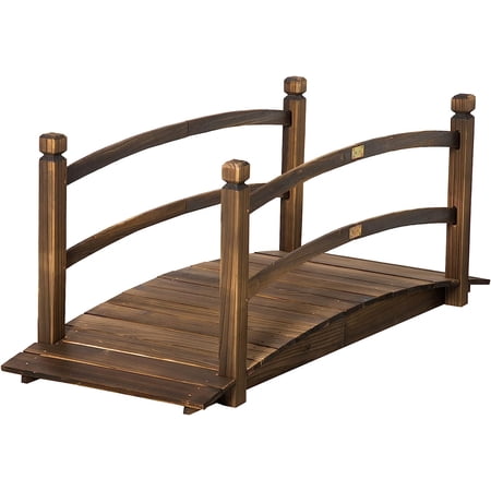 5FT Garden Bridge, Arc Wood Footbridge, Decorative Pond Bridge With Side Rails, Brown