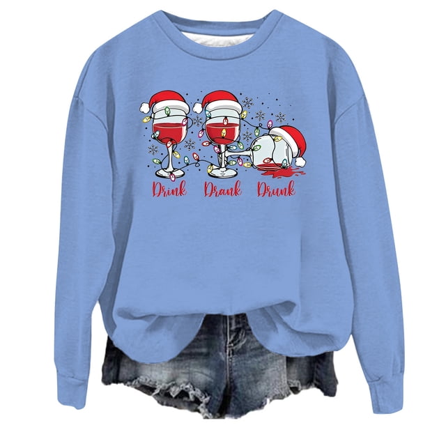 WEAIXIMIUNG Sweatshirts Courts pour Femmes Plus Femmes Décontracté Col Rond Noël Verre Neige Chapeau de Noël Imprimé Hoodie