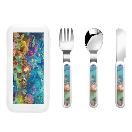 

Easygdp Sea World 3-Piece Flatware Set Kids Silverware Stainless Steel Toddler Kids Utensils Safe for Preschooler Children