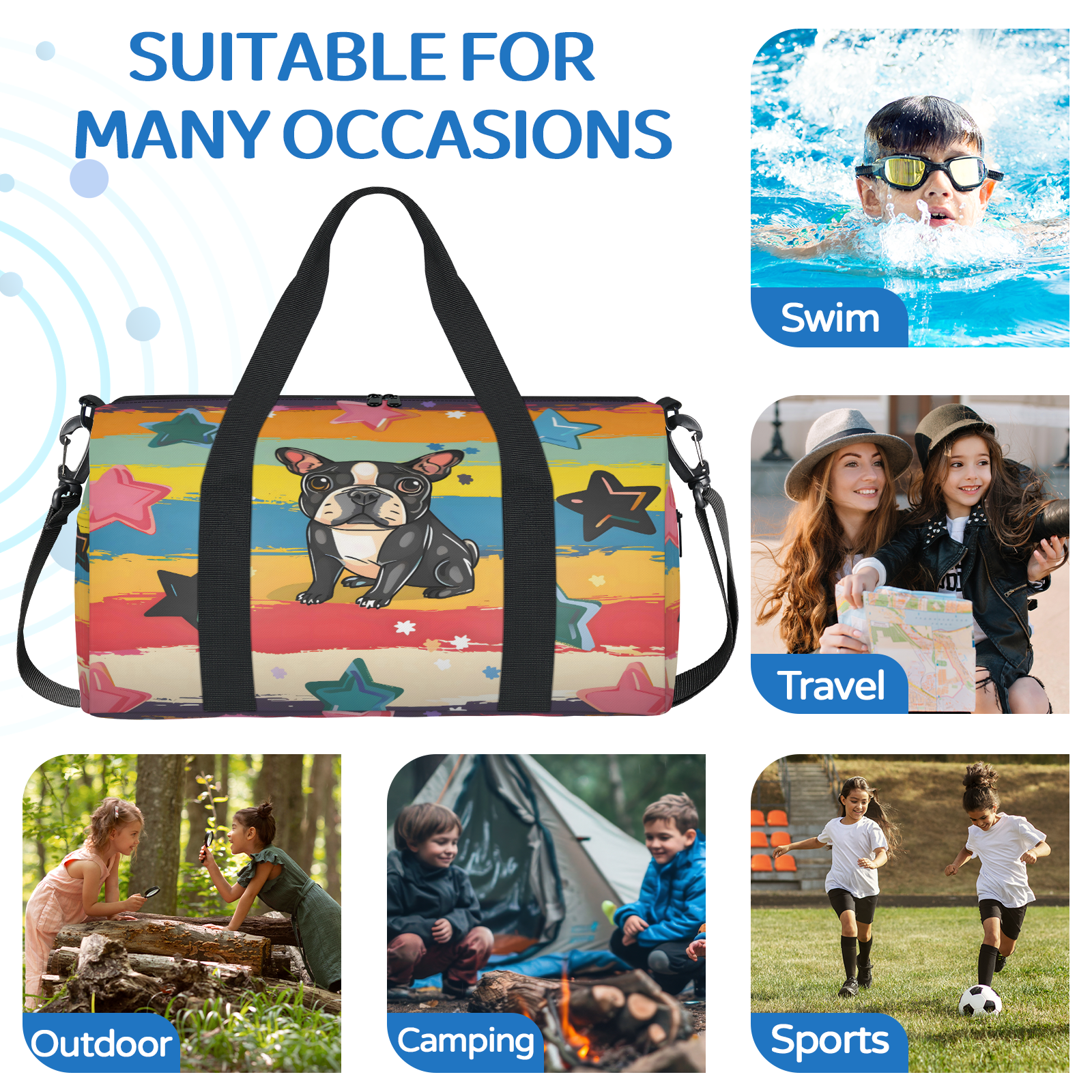 Herdesigns Cute Dog Puppy Cartoon Doggy Gym Bag for Women, Duffle Bag for Travel Sport, Lightweight Waterproof Carry on Weekender Overnight Dance Yoga Workout Bags