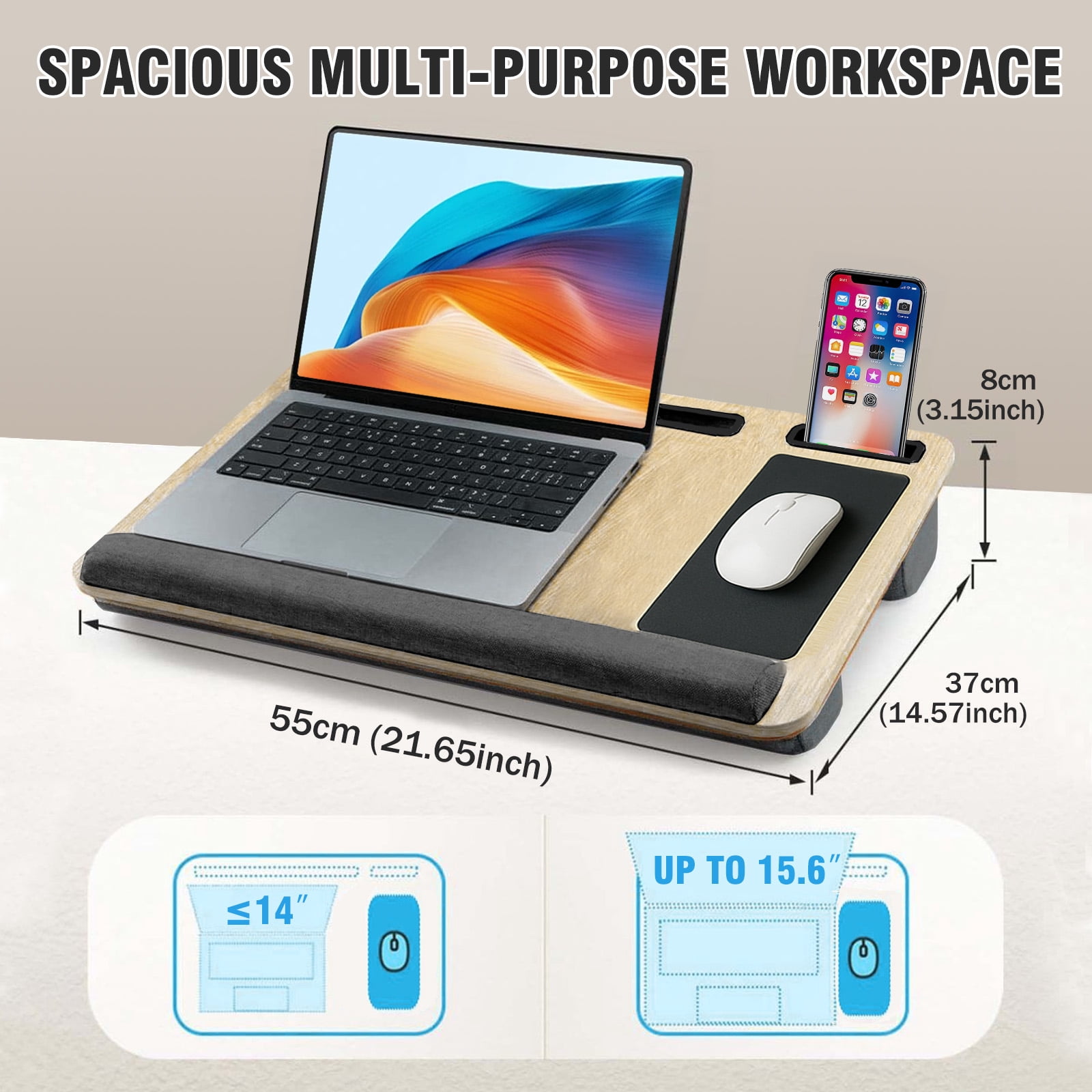 CATGOOD Portable Lap desk, Laptop Desk with Pillow, Wood Lapdesk Bed Table with Soft Pillow, Mouse Pad & iPad/Phone Slots, Fits up to 15.6 inches, White