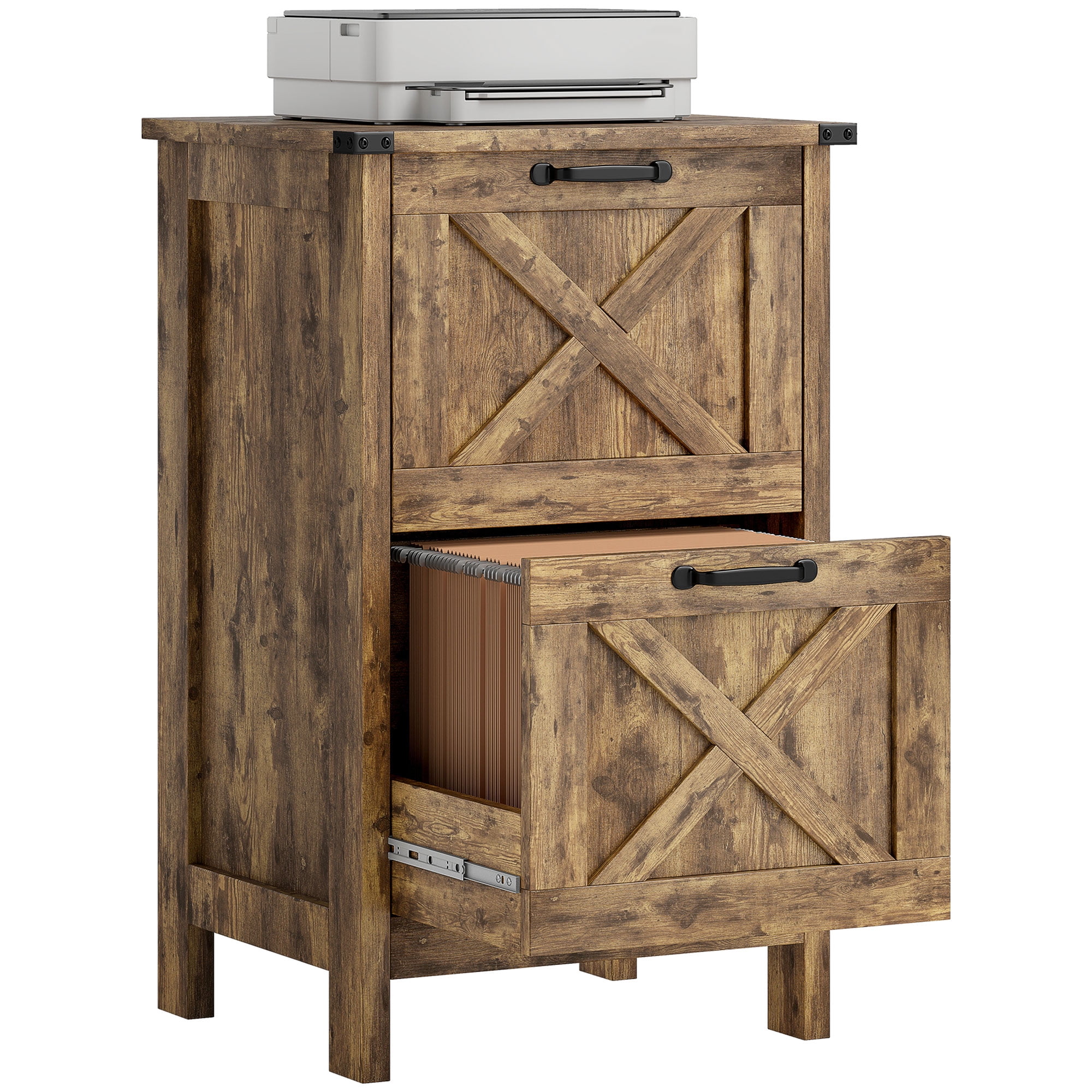 HOMCOM 2 Drawer Vertical File Cabinet with Silent Slides, Farmhouse Filing Cabinet with Barn Doors for A4/Letter Size, Printer Stand, Rustic Brown