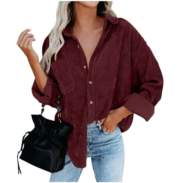 FAIWAD Womens Corduroy Shirts Long Sleeve Collared Button Down Blouses Oversized Casual Shackets
