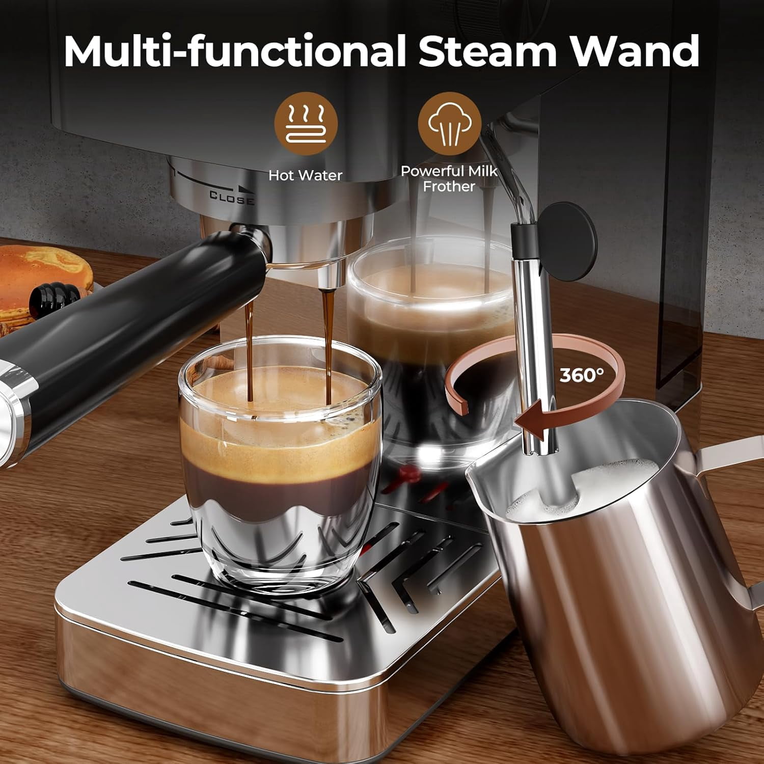 Moifoi Espresso Machine, 20 Bar Compact Espresso Maker with Steam Milk Frother, Stainless Steel Coffee Machine with 42.5oz Removable Water Tank & Mechanical Button for Latte
