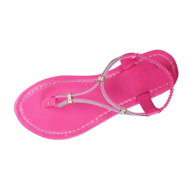 Wdhugt Fashion Womens Sandals Flat Heel Rhinestone Pu Leather Outdoor Summer Shoes Size 7.5 Foot Length 9.65 Inches