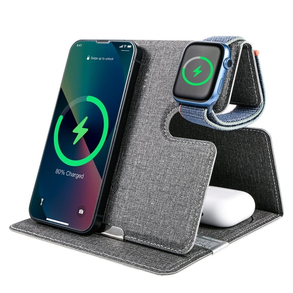 AOKESI 3 in 1 Wireless Charging Station, 15W Wireless Charger Foldable Fast Charger Fit For iPhone 15 14 13 12 11 Pro Max Plus, iWatch 9 8 7 6 5 SE Ultra 2, Airpods Pro/3/2, (with 18W Adpter)