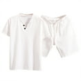 thumbnail image 2 of Cotton Linen Short Sets for Men Short Sleeve Band Collar T Shirt and Shorts 2 Piece Matching Set Mens Summer Outfits, 2 of 7