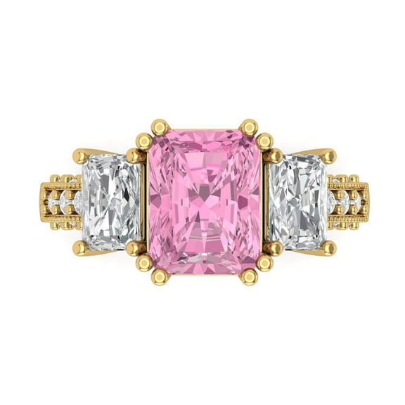 Three-Stone Engagement Ring for Women - 4.27ct Simulated Pink Diamond in 14K Yellow Gold Promise Ring
