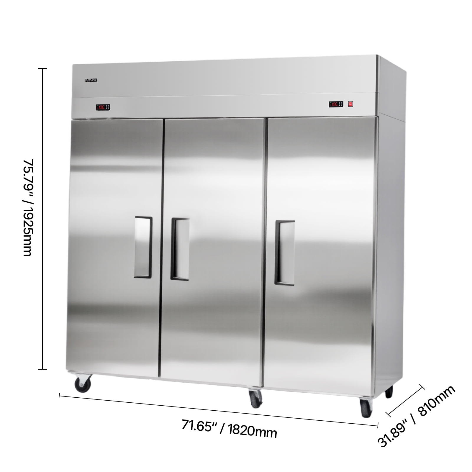 VEVOR Commercial Refrigerator and Freezer Combo 72"W, 51 Cu.Ft Stainless Steel Upright Freezer/Refrigerator with Three Doors, Auto-Defrost, 9 Adjustable Shelves, UL Certified