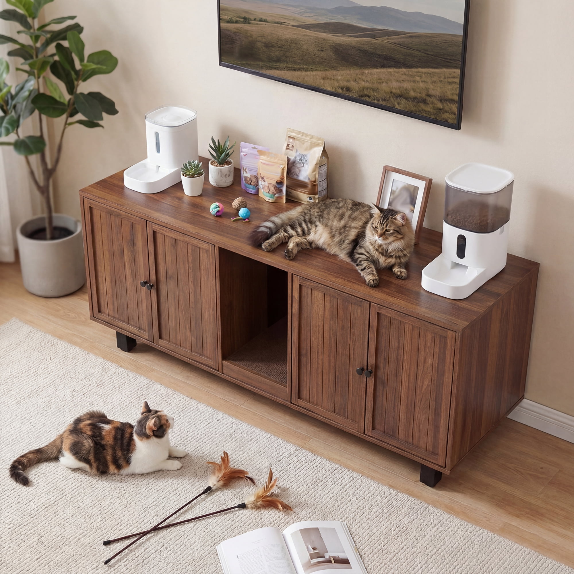 59" Double Cat Litter Box Enclosure Furniture, Hidden Litter Boxes Furniture with Cat Scratch Pad & Wide Access Doors, Versatile as TV Stand or Sideboard in Walnut