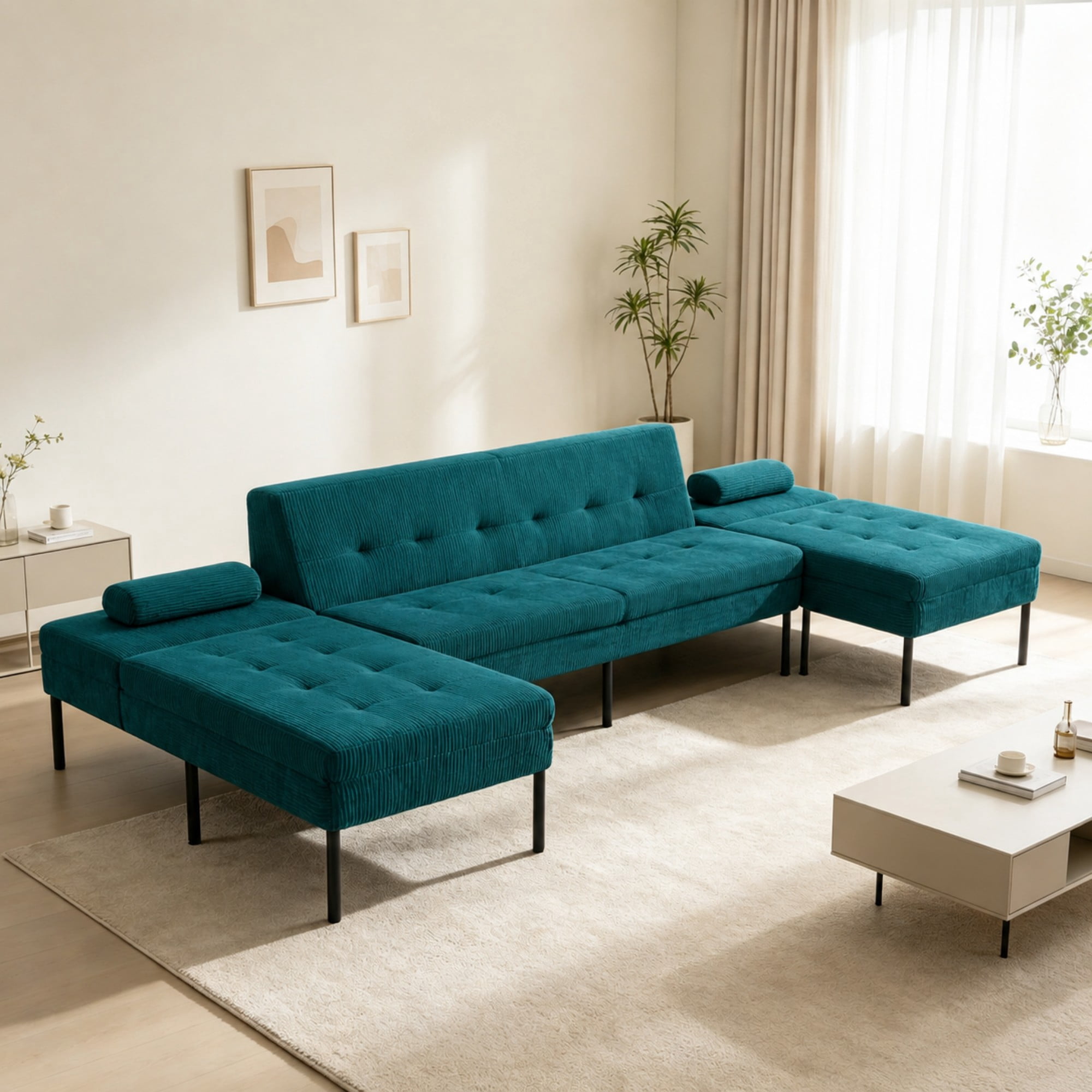 BSHTI 117.13" Soft Corduroy U-Shaped Sectional Sofa Bed with 5-Position Backrest, Comfy Couch for Living Room（Green）