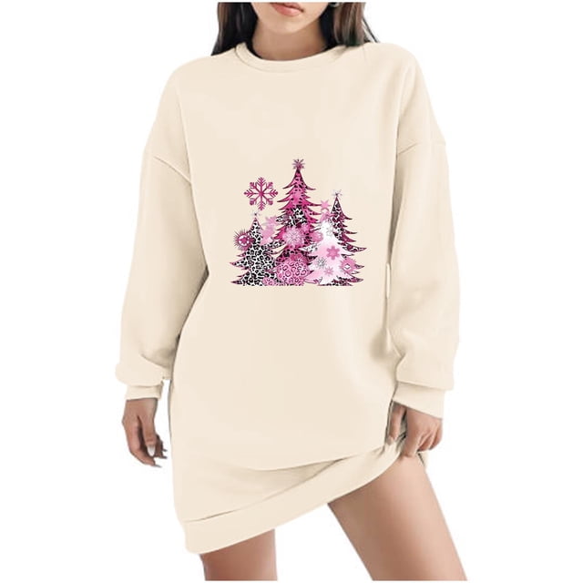 Pisexur Robe de Noël pour Femmes Mode Imprimé Arbre de Noël Col Rond Robe Chandail en Molleton Décontractée Manches Longues Robe de Fête d'Automne Mini Robe