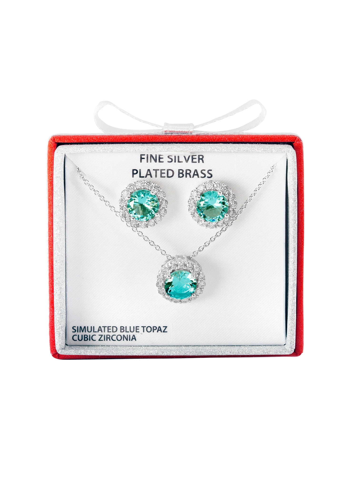 Simulated Blue Topaz and CZ Fine Silver-Plated Boxed Set with Earring and Pendant, 18"