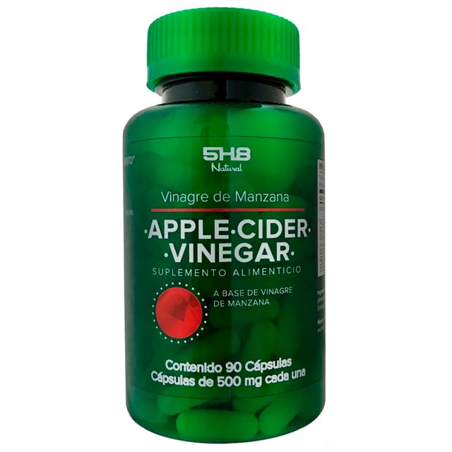 suplemento alimenticio vinagre de manzana 120 caps 5h8 frasco frontal con etiqueta verde y logo 5h8 que muestra el texto Apple Cider Vinegar, tapa verde rosqueable y frasco translúcido con cápsulas verdes visibles; según la etiqueta es un suplemento a base de vinagre de manzana y a menudo se usa como complemento dietario.