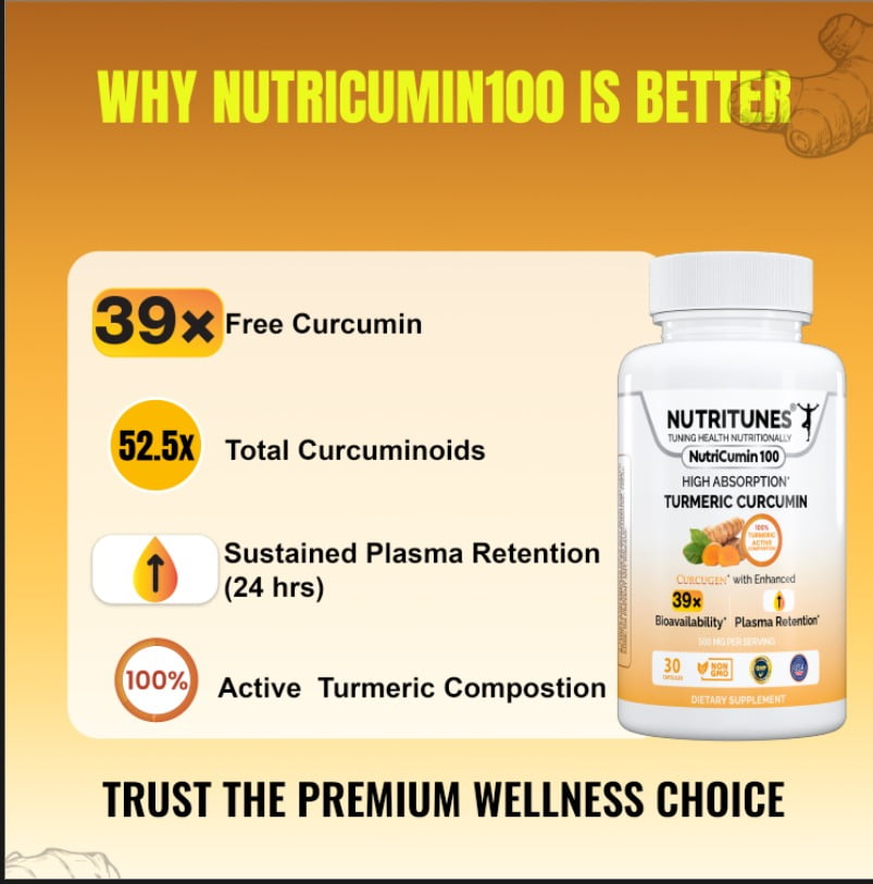 Turmeric Curcumin Supplement for Joint, Gut & Mood Support–39X Absorption – 100% Turmeric Matrix – Vegan, Non-GMO, Clean Label – 500mg – 30 NutriCumin 100 Capsules