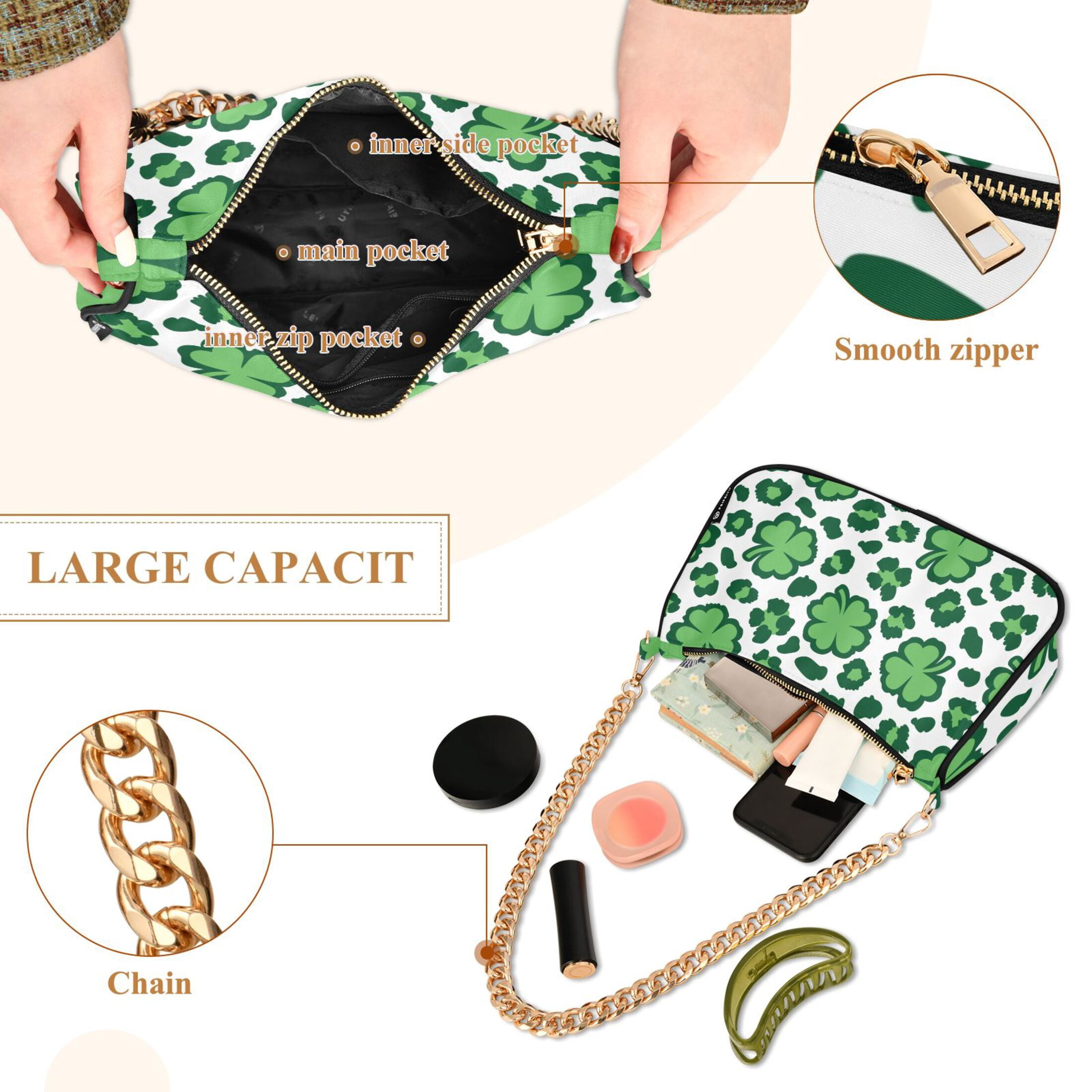 Shamrock Green Leopard Spot Womens Chain Shoulder Bag Tote Handbag Clutch Hobo Purse with Zipper for Travel Casual