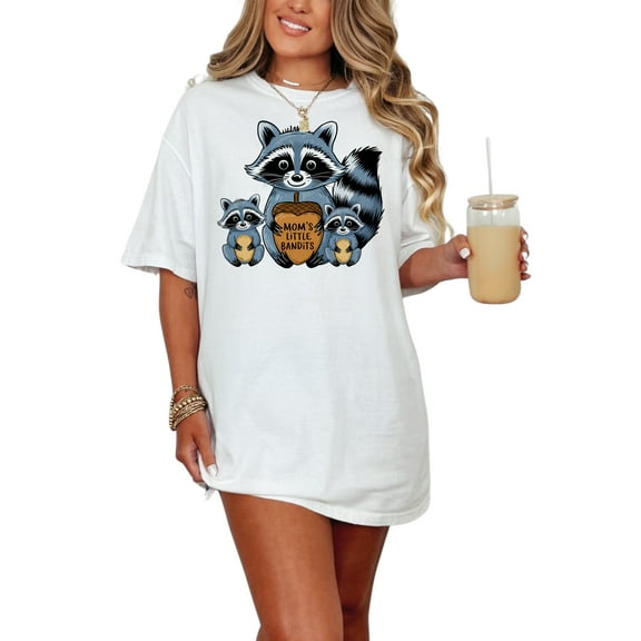 Cute Raccoon Family Graphic Tee, Mom's Little Bandits Design, Fun Animal Lover T-Shirt, Adorable Racoon Illustration Shirt, White Comfort Colors T-Shirt, Small
