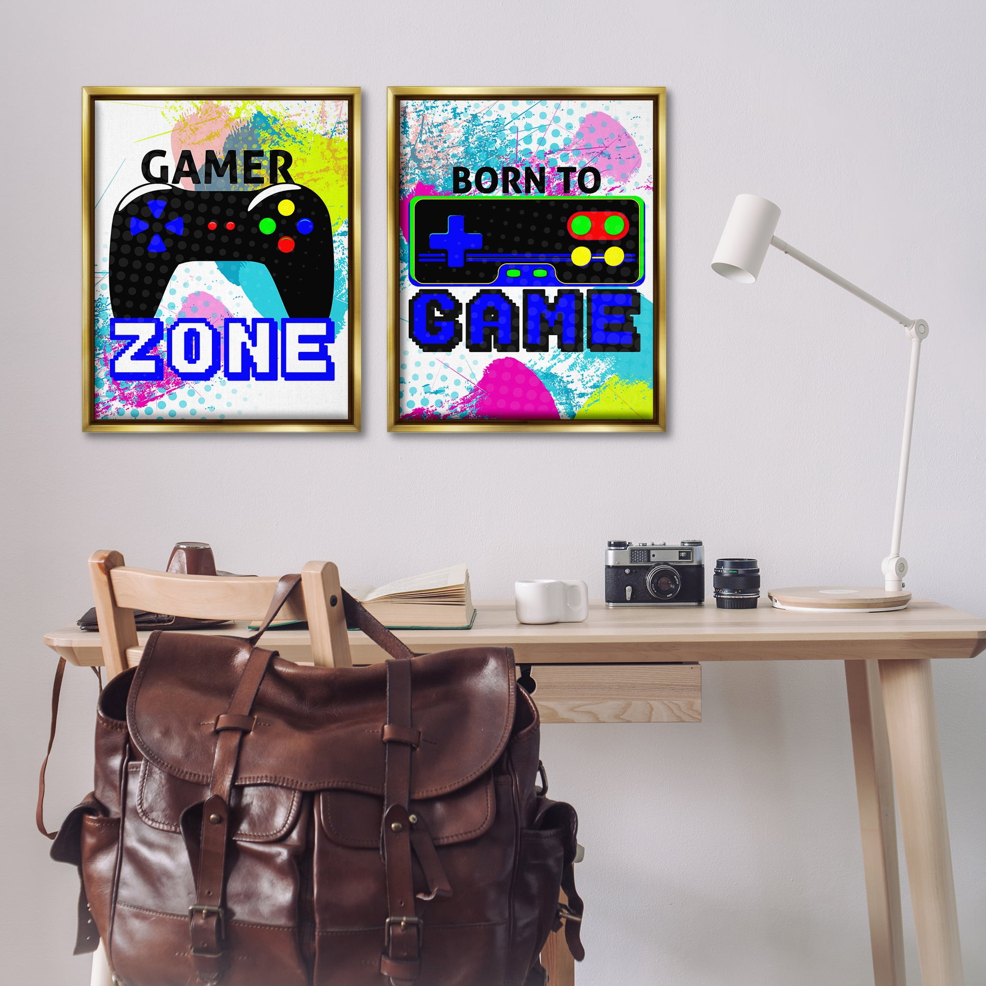 Stupell Industries Gamer Zone Splash Remote Entertainment Painting Gold Floater Framed Canvas Art Print Wall Art, 31 x 25, Set of 2