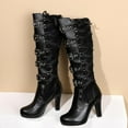 thumbnail image 3 of Lace Goth Knee High Boots for Womens Fashion Buckle Block Heel Lace Up Knee Boots for Nightclub Punk Platform Back Zipper Riding Combat Booties, 3 of 6
