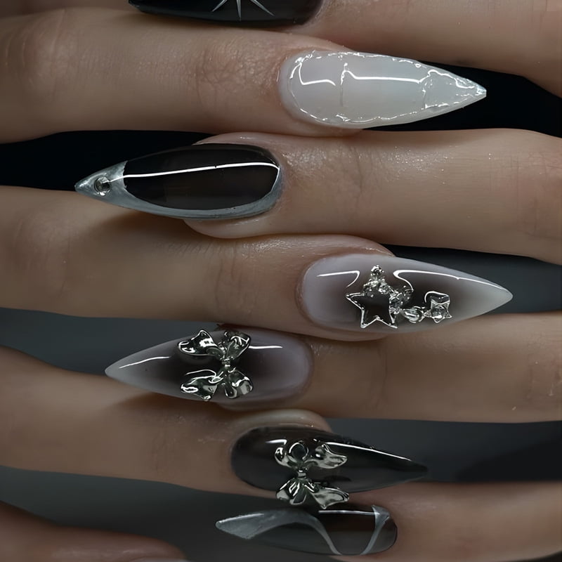 24pcs Y2k Cool Girl Fake Nails Sliver Star Almond False Nails Wearable Detachable 3D Butterfly Press on Nail Tips for Girl Women