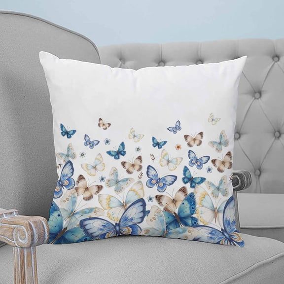 Blue Butterfly Farmhouse Throw Pillow Covers, Soft Pillowcases with Invisible Zipper, Spring Pastoral Butterflies Decorative Square Pillow Cushion Covers for Living Room Couch Sofa Bed 24x24 Inches