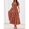 thumbnail image 2 of Orange Boho Floral Maxi Dress Square Neck Short Sleeve Smocked Waist, 2 of 27