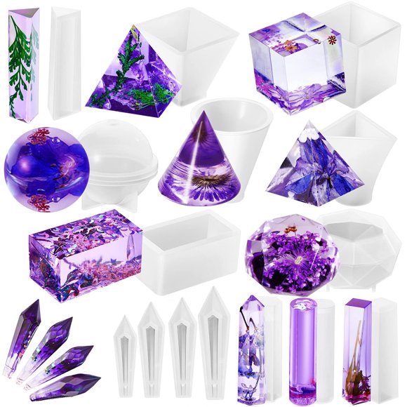 Amdohai 15 pieces crystal resin molds including pyramid silicon resin molds, cone resin molds, sphere, triangle