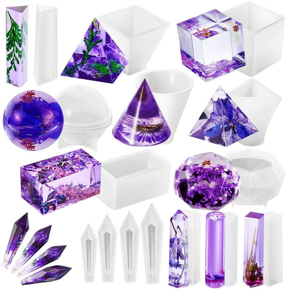 15 pieces crystal resin molds including pyramid silicon resin molds, cone resin molds, sphere, triangle cone, multi-faceted gemstone cube resin molds for jewelry making