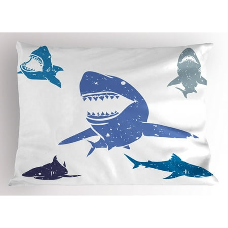 Shark Pillow Sham Grunge Style Big and Small Sharks with Open Mouths Predator Jaws Dangerous Image, Decorative Standard King Size Printed Pillowcase, 36 X 20 Inches, Royal Blue, by