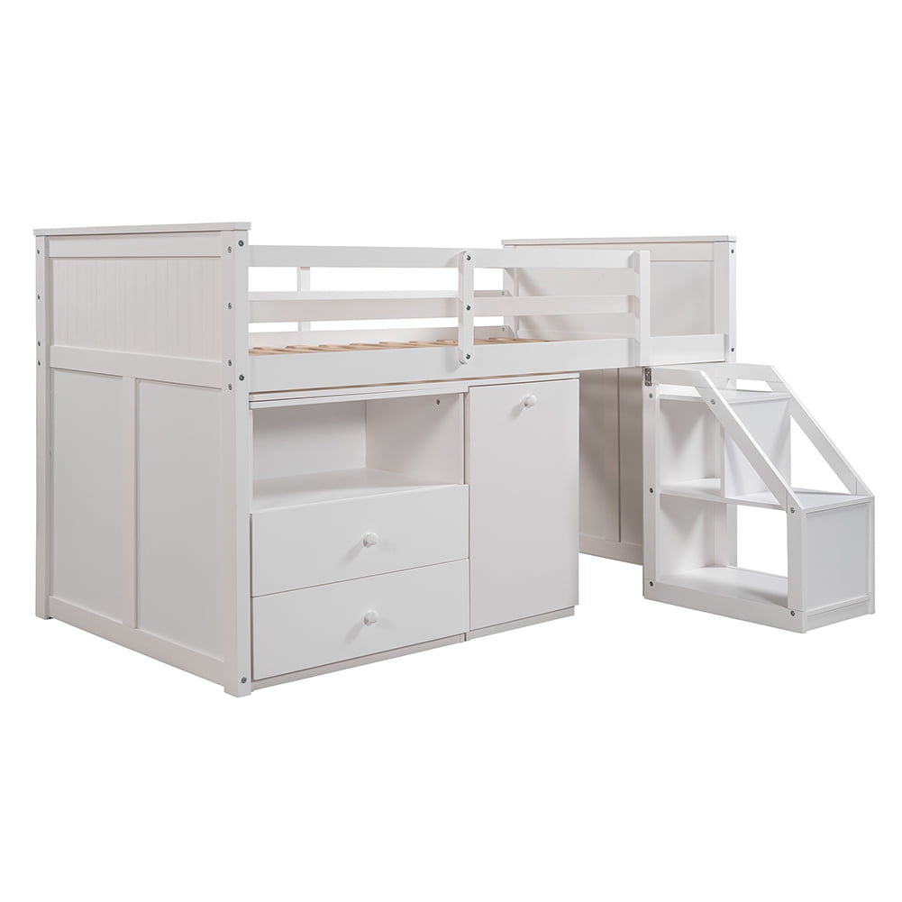 Kepooman Solid Hardwood Twin Size Loft Bed, Modern Bunk Bed With Storage Steps and Portable Desk, White Kepooman Solid Hardwood Twin Size Loft Bed, Modern Bunk Bed With Storage Steps and Portable Desk, White