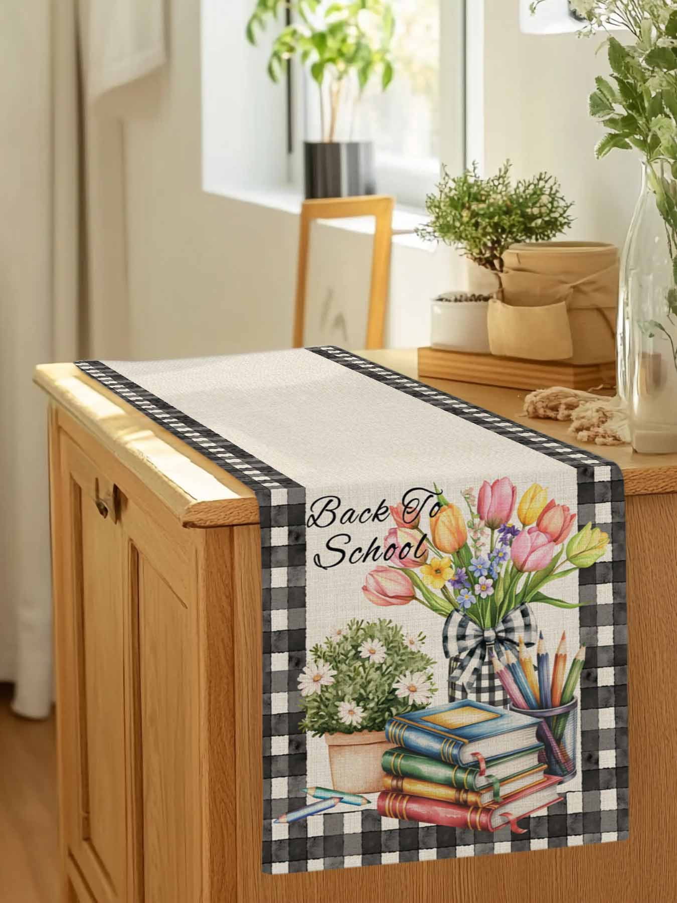 Retro Books Pencils Potted Plants Table Runner 90 Inches Long, Black Plaid on Linen Table Runners Tabletop Scarf Kitchen Dining Tables Decoration for Home Party Indoor Outdoor