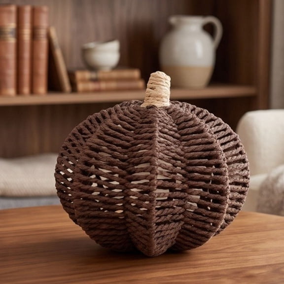 Woven Pumpkin Tabletop Ornament, 7.1 in Paper Cord and Iron Fall Decor for Home Shelves, Mantelpieces, Halloween Parties, Holiday Displays, Events, and Gifts