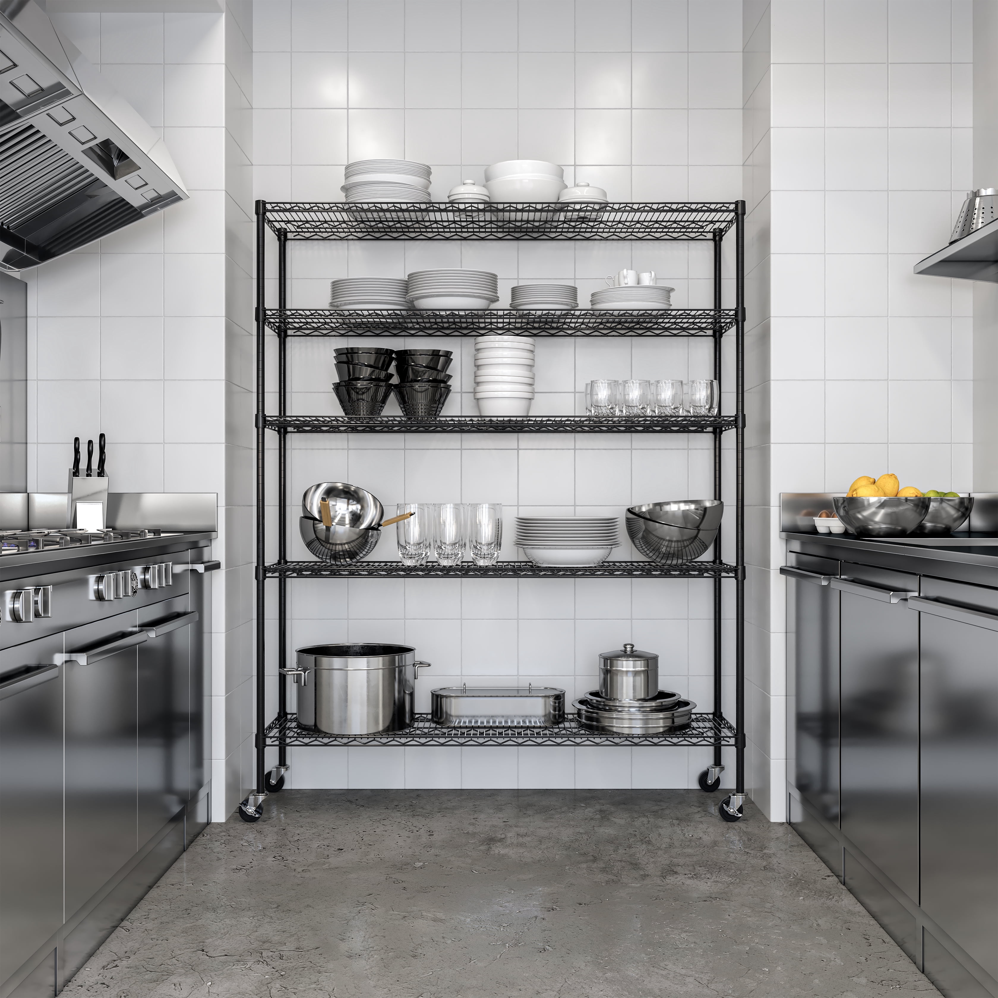 Seville Classics UltraDurable Commercial-Grade 5-Tier NSF-Certified Steel Wire Shelving with Wheels, 60" x 18", Black