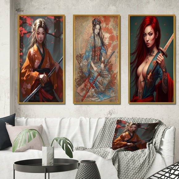 Designart "Determined Samurai Female III" Japon Woman Framed Wall Art Set Of 3 - Red Woman Japon Frame Gallery Wall Set For Home Decor