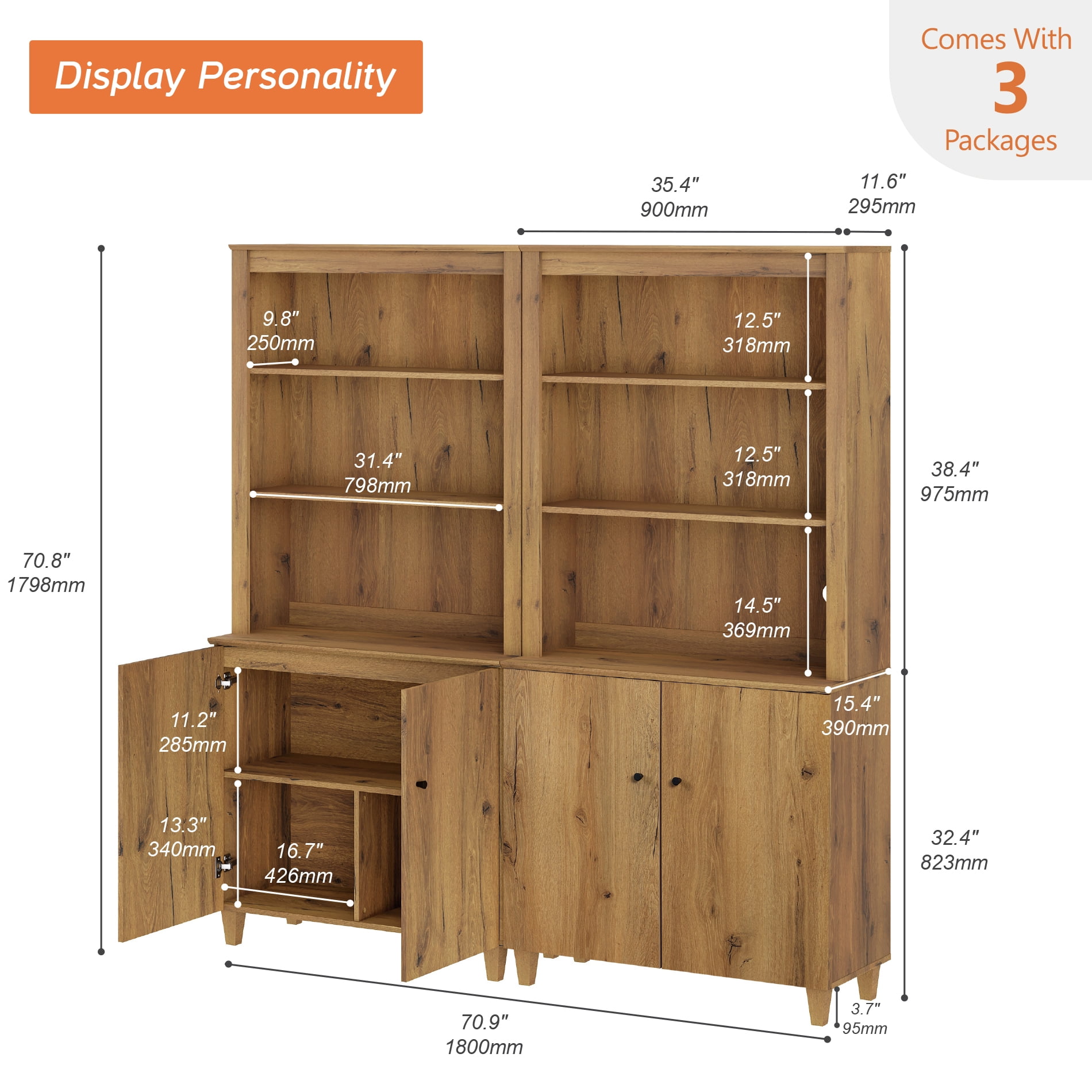Modern 71" Tall Bookcase with Cabinets, 2 Column 5 Tiers for Home Office,Dark Brown Wood