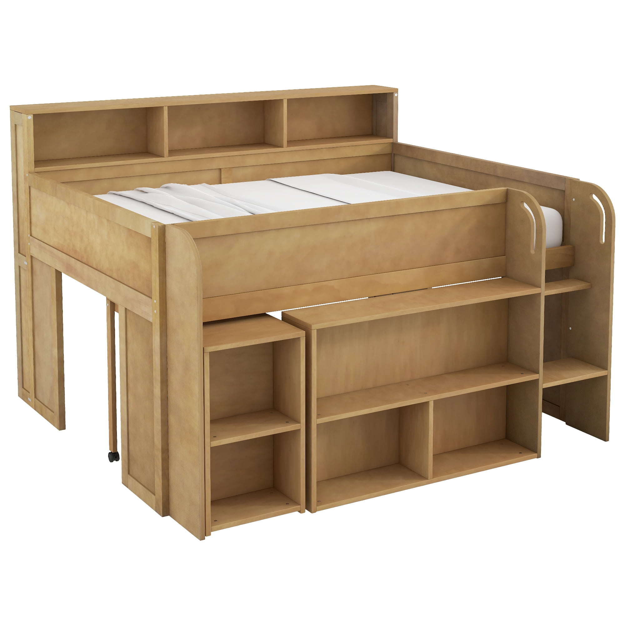 Euroco Wood Full Size Loft Bed with Storage Shelves Desk and LED Light, Walnut