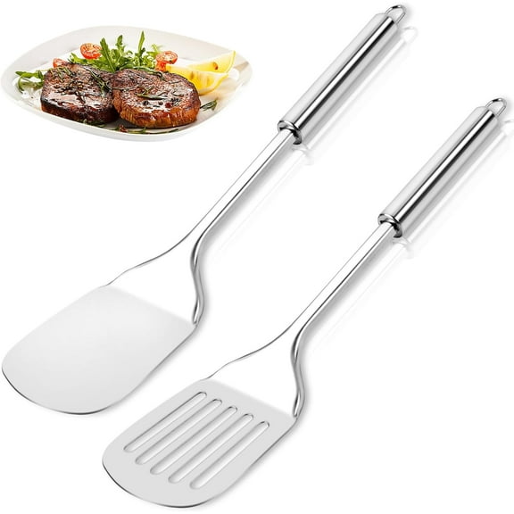 2 Pack Stainless Steel Spatulas Set, Metal Spatula for Kitchen Use, Silver Solid Slotted Turner, High Heat Resistant for Cast Iron Skillet, Grilling, Cooking, Dishwasher Safe, 13.5Inch