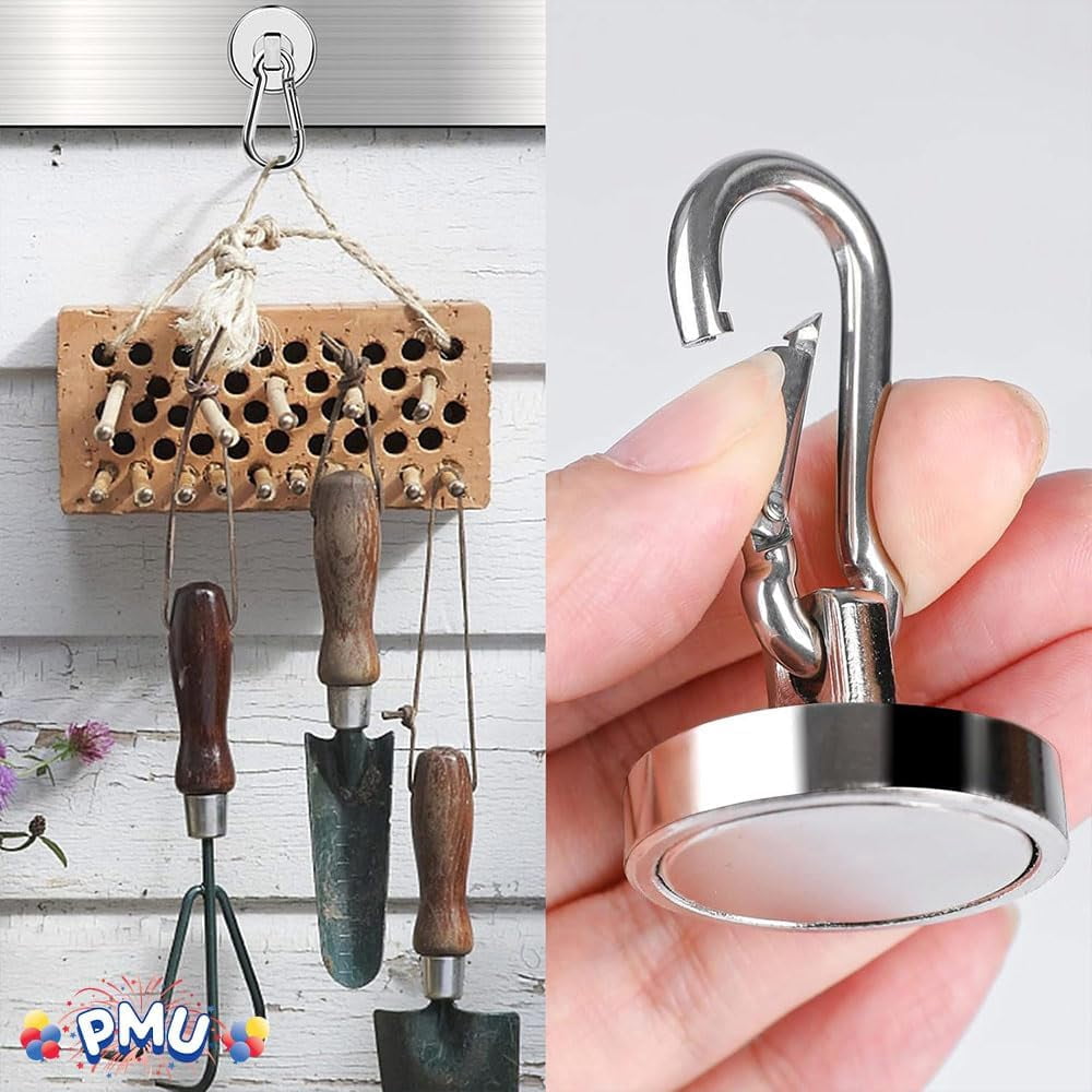 PMU Strong Magnetic Hook with Swivel Carabiner Clip – Heavy Duty Magnet Hook Holds Up to 50 Lbs for Locker, Cruise Cabin, Home, Office, Refrigerator & Garage Use